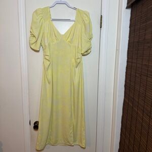 Open Edit Yellow Floral Print Square Neck Puff Sleeve Ruched Midi Dress‎ Size M